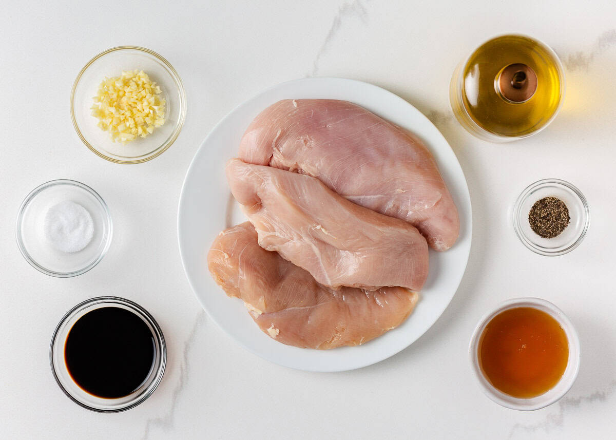 Chicken break, honey, garlic, olive oil, soy sauce plus salt and pepper.