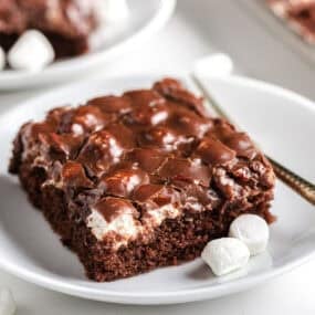 A slice of Mississippi mud cake on a white plate.