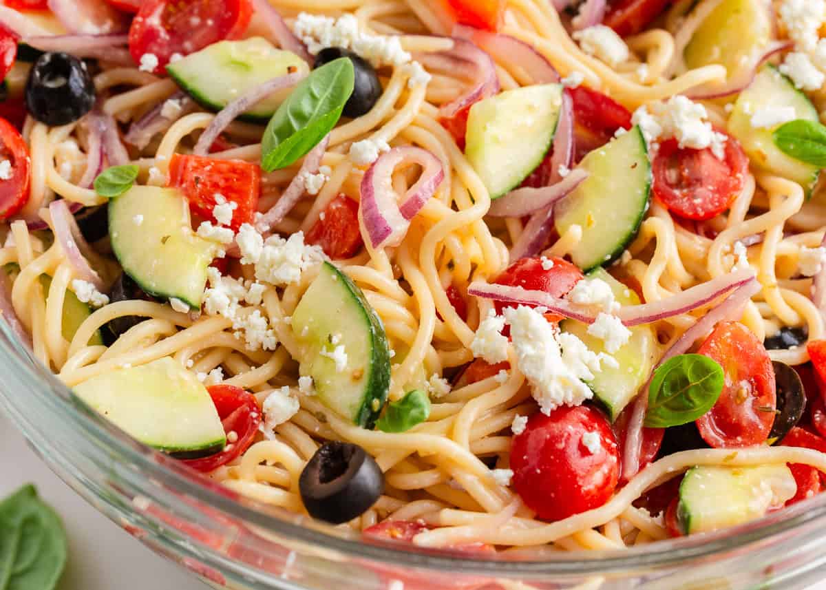 Spaghetti salad in a bowl.