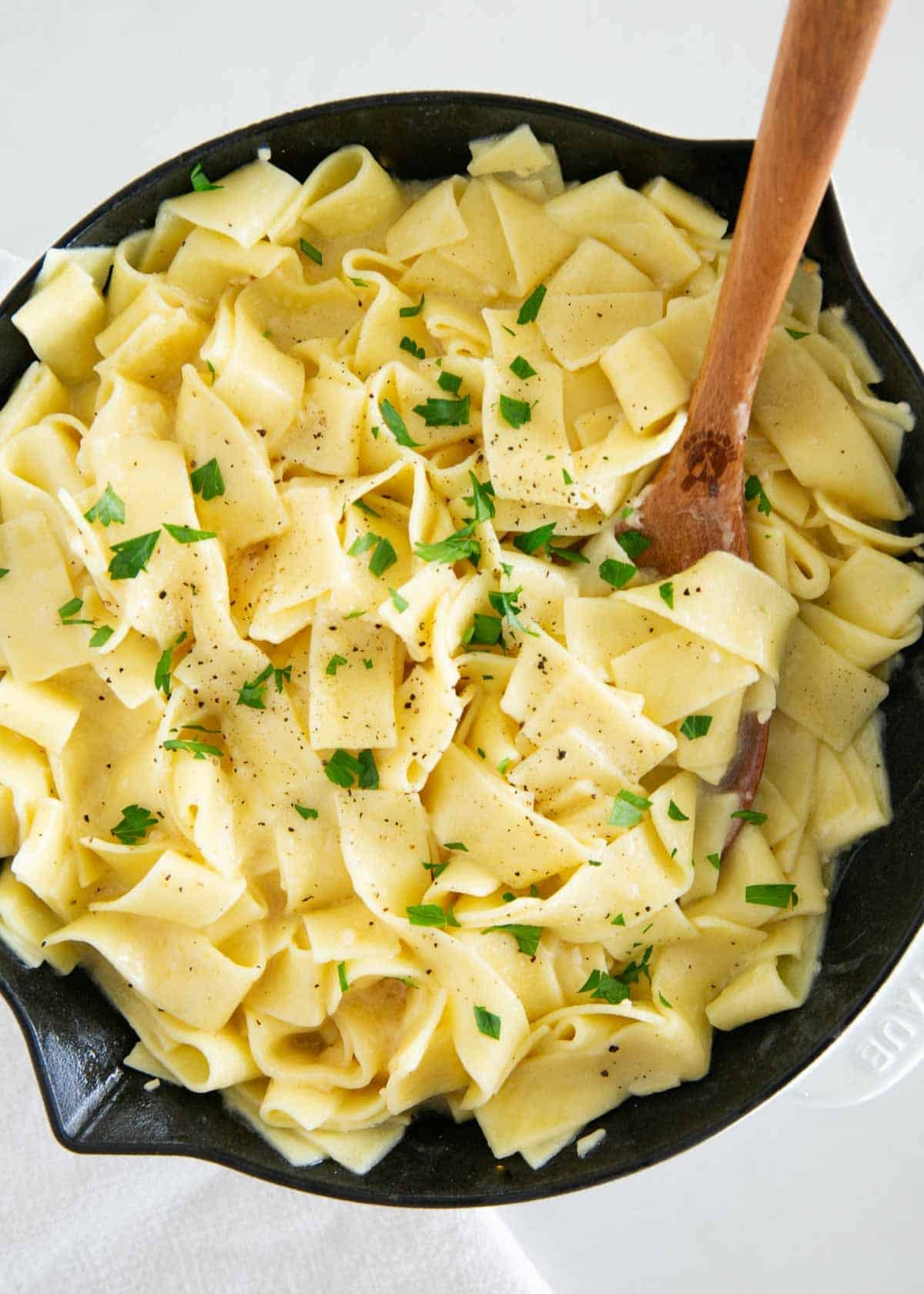 Butter noodles in a skillet. 