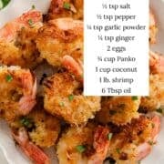 Coconut shrimp on a plate with ingredients listed.