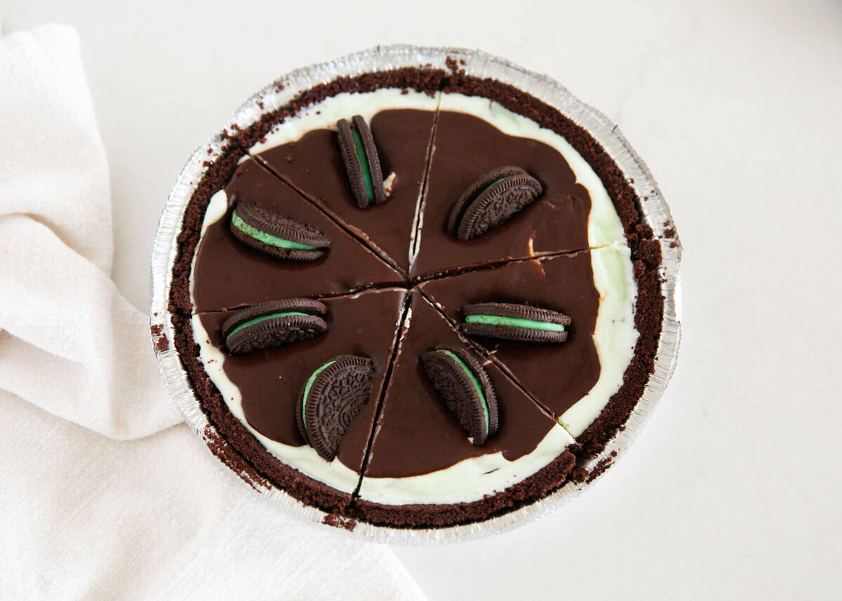 Ice cream grasshopper pie topped with mint Oreos.