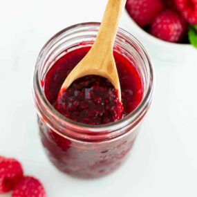 Raspberry jam in a jar.