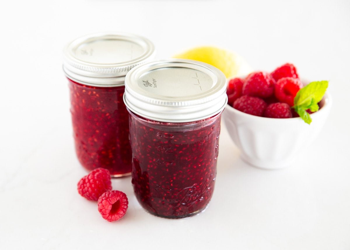 Raspberry jam in a jar.
