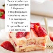 Strawberry tiramisu on a plate with ingredients listed.