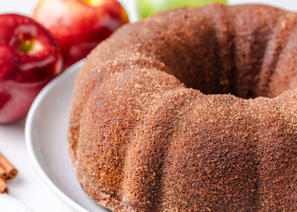 A side view of apple cider donut cake.