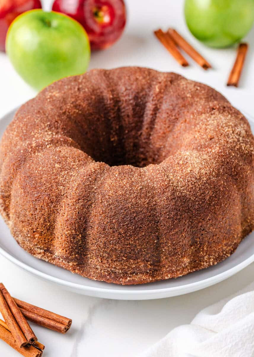 Apple cider donut cake on a white plate on the counter with apples and fresh cinnamon sticks.