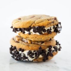Cookie Ice Cream Sandwiches with chocolate chips.