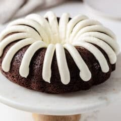 Chocolate chocolate chip nothing bundt cake on a cake stand.