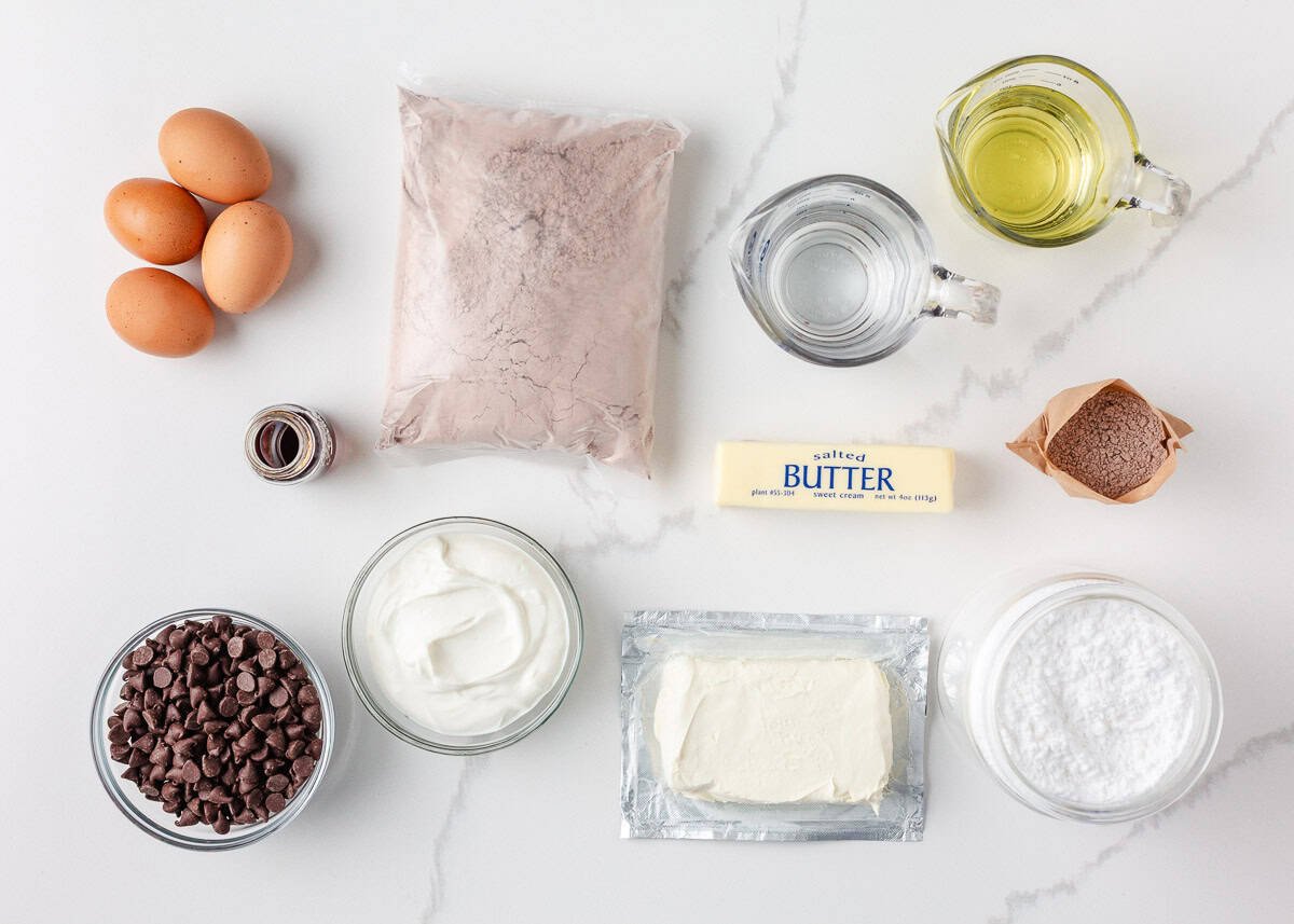 Flat lay of ingredients for a copycat Nothing Bundt cake recipe.