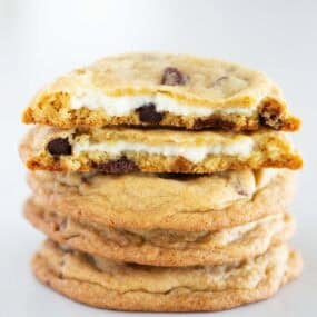Cheesecake stuffed chocolate chip cookies.