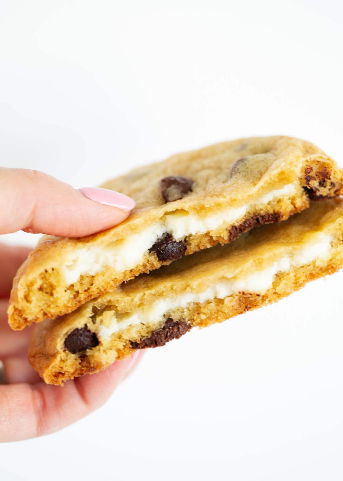 Cheesecake stuffed chocolate chip cookies.