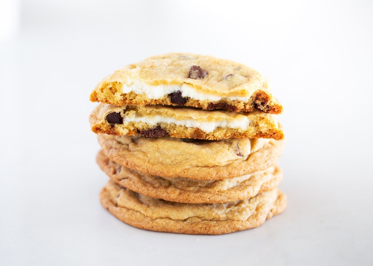 Cheesecake stuffed chocolate chip cookies.