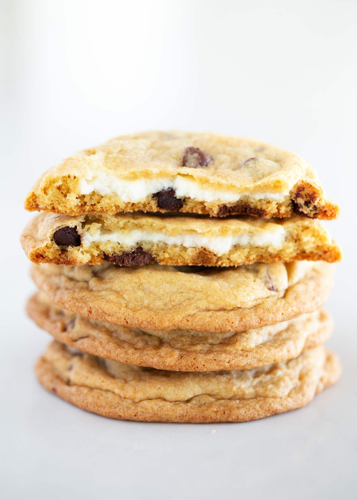 Cheesecake stuffed chocolate chip cookies.