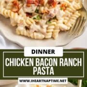 Chicken bacon ranch pasta in a pasta bowl with fork for serving.