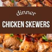 Chicken skewers ready to serve on a platter.