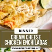 Cream cheese chicken enchiladas on a plate and in a pan.