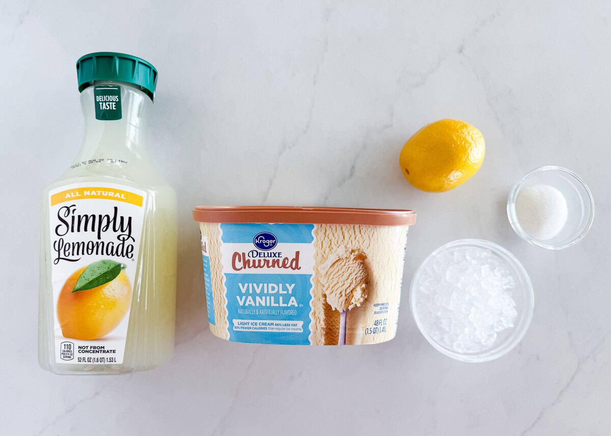 Frosted lemonade ingredients on counter.