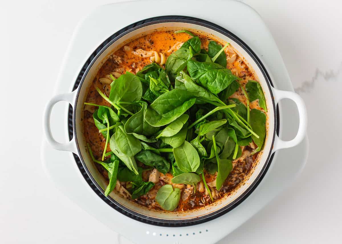 Marry me chicken soup is a cozy spin on the viral marry me chicken recipe made with tender chicken, pasta, sun-dried tomatoes and spinach in a Parmesan cream broth. Fresh spinach added to the pot of soup before serving.