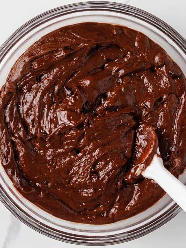 Combining the batter for a chocolate nothing bundt cake recipe.