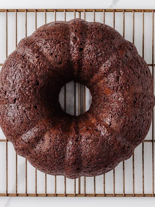 Showing a chocolate chocolate chip bundt cake cooling on a wire rack.