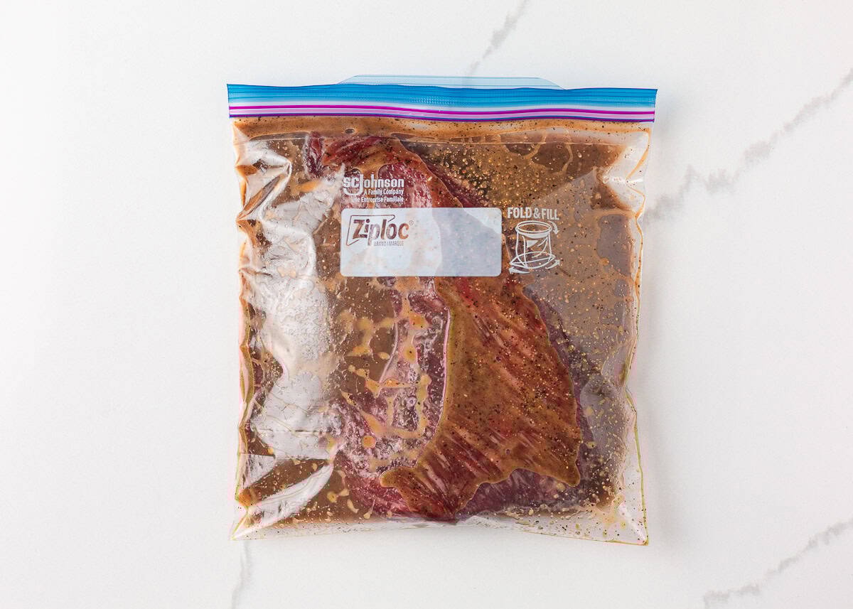 Tri tip steak in a ziploc bag with marinade.