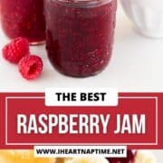 Raspberry jam in canning jars and on a biscuit.