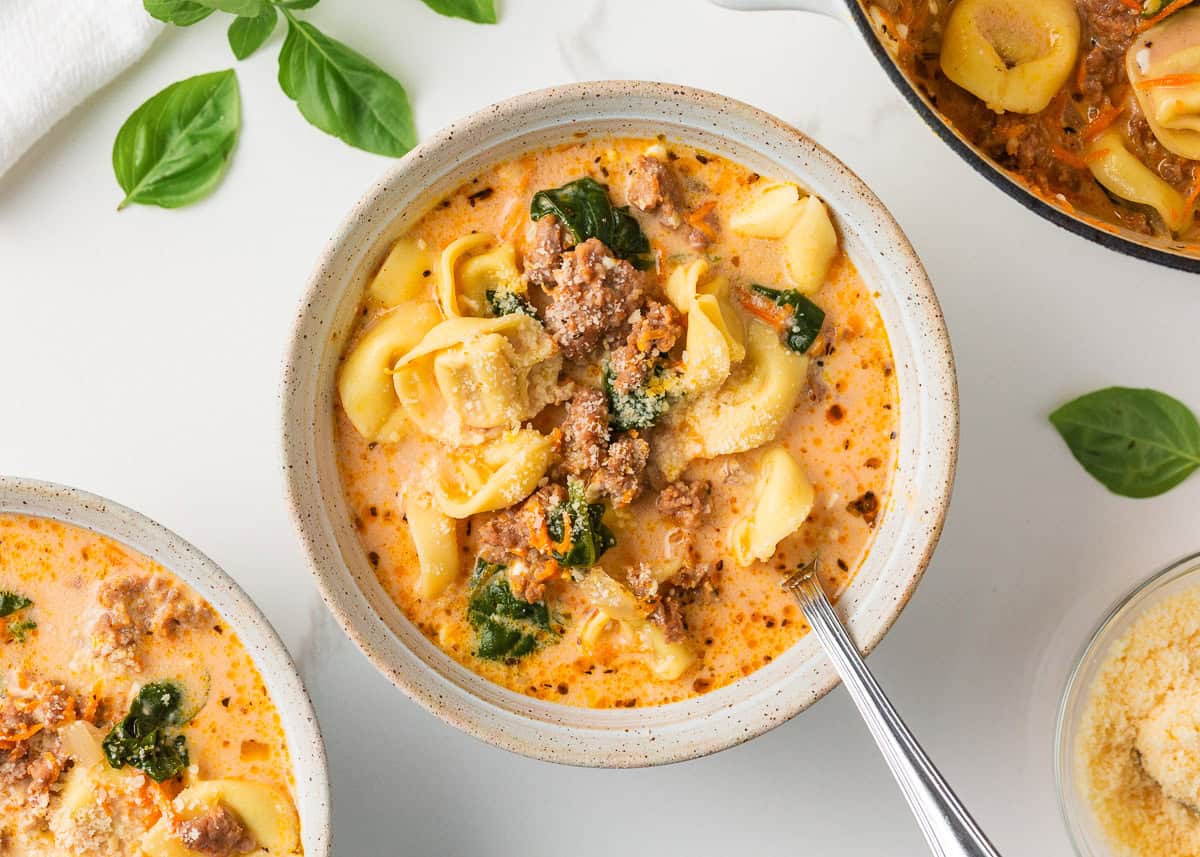 Packed with savory sausage, cheesy tortellini, and spinach in a creamy tomato broth, this Italian sausage tortellini soup is the perfect one-pot meal for a cozy family dinner! Bowl of Italian sausage tortellini soup topped with Parmesan cheese and surrounded by fresh basil leaves.