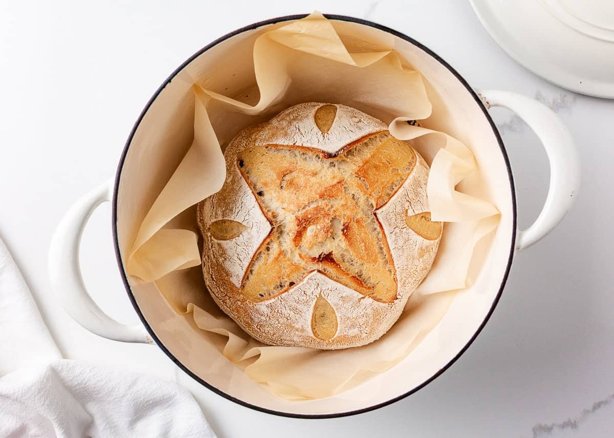 Freshly baked same day sourdough bread in a Dutch oven lined with parchment paper.