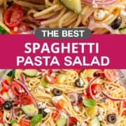 Spaghetti salad in a dish.