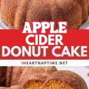 Apple cider donut cake on a cake stand and one piece being served.
