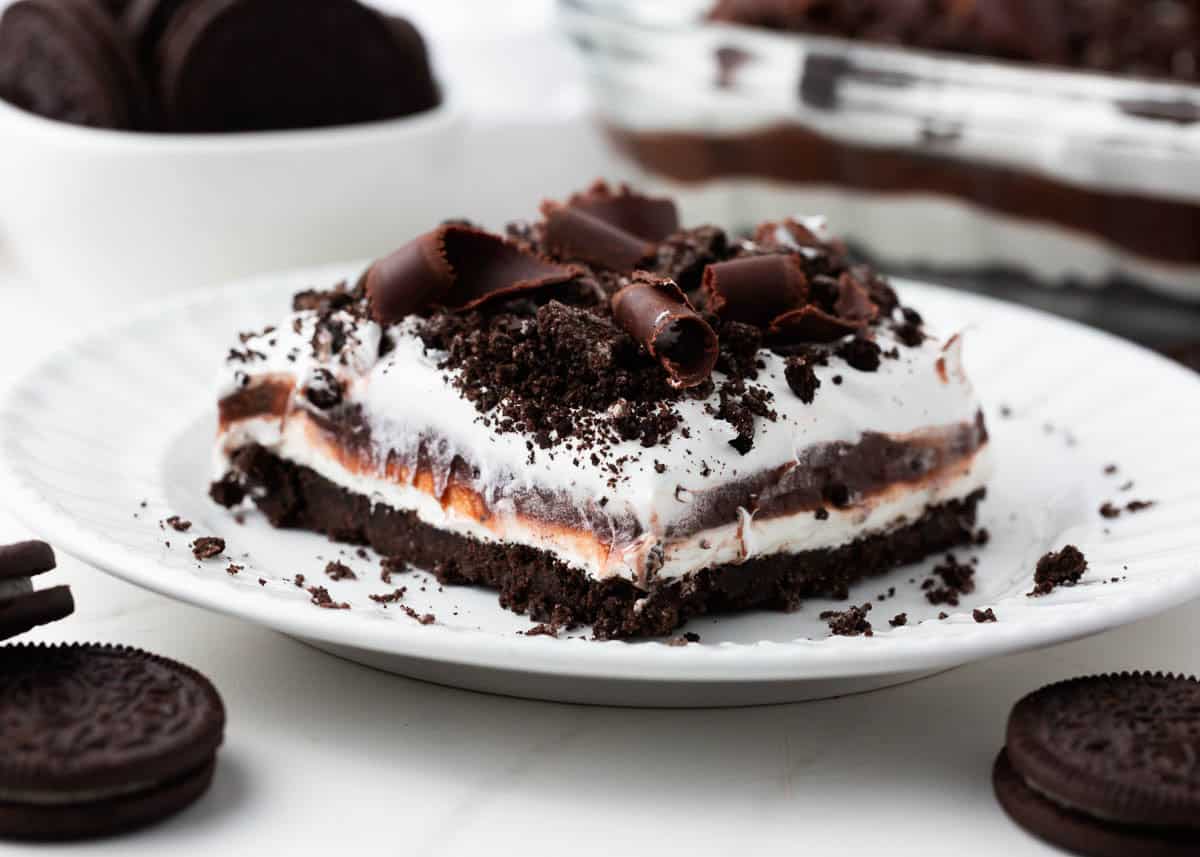 This chocolate lasagna is an Oreo dessert recipe with layers of crushed cookies, pudding and whipped cream.