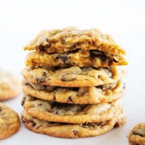 Stack of chocolate chip walnut cookies.