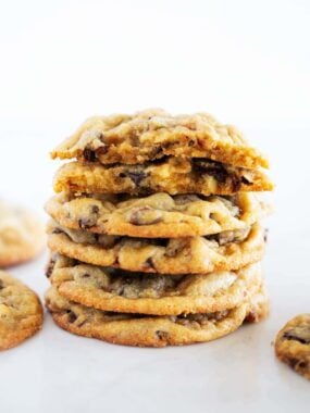 Stack of chocolate chip walnut cookies.