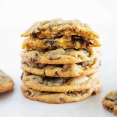 Stack of chocolate chip walnut cookies.