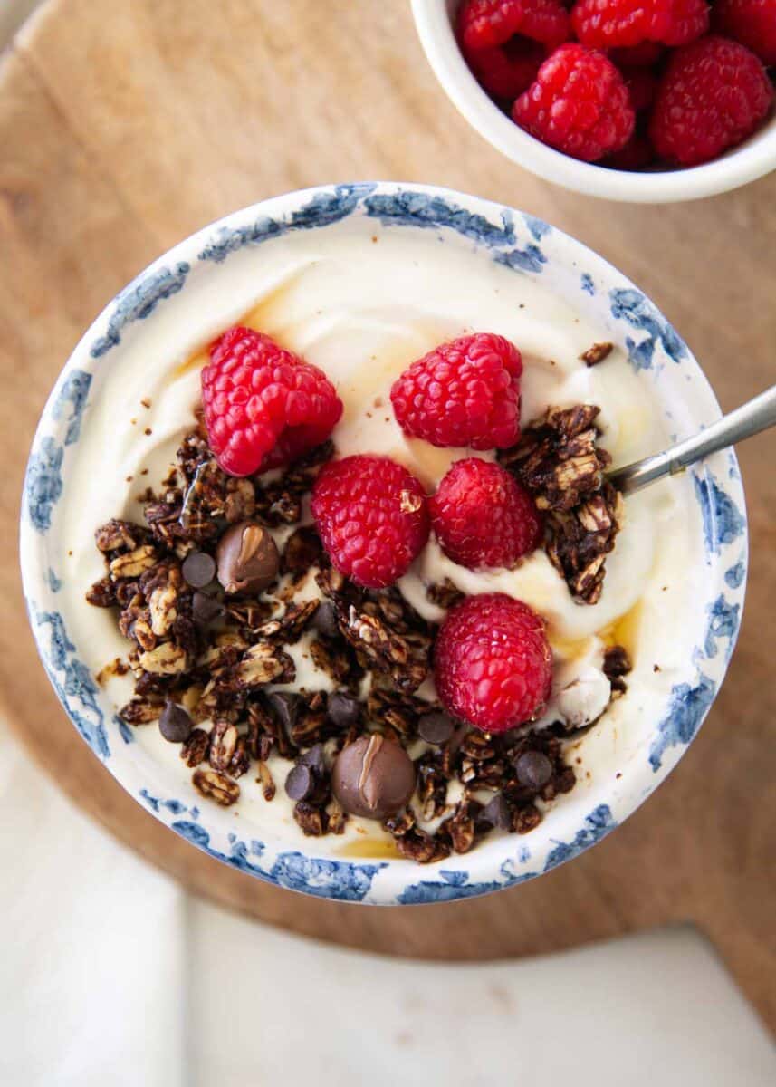 Close up of chocolate granola and yogurt in a bowl.