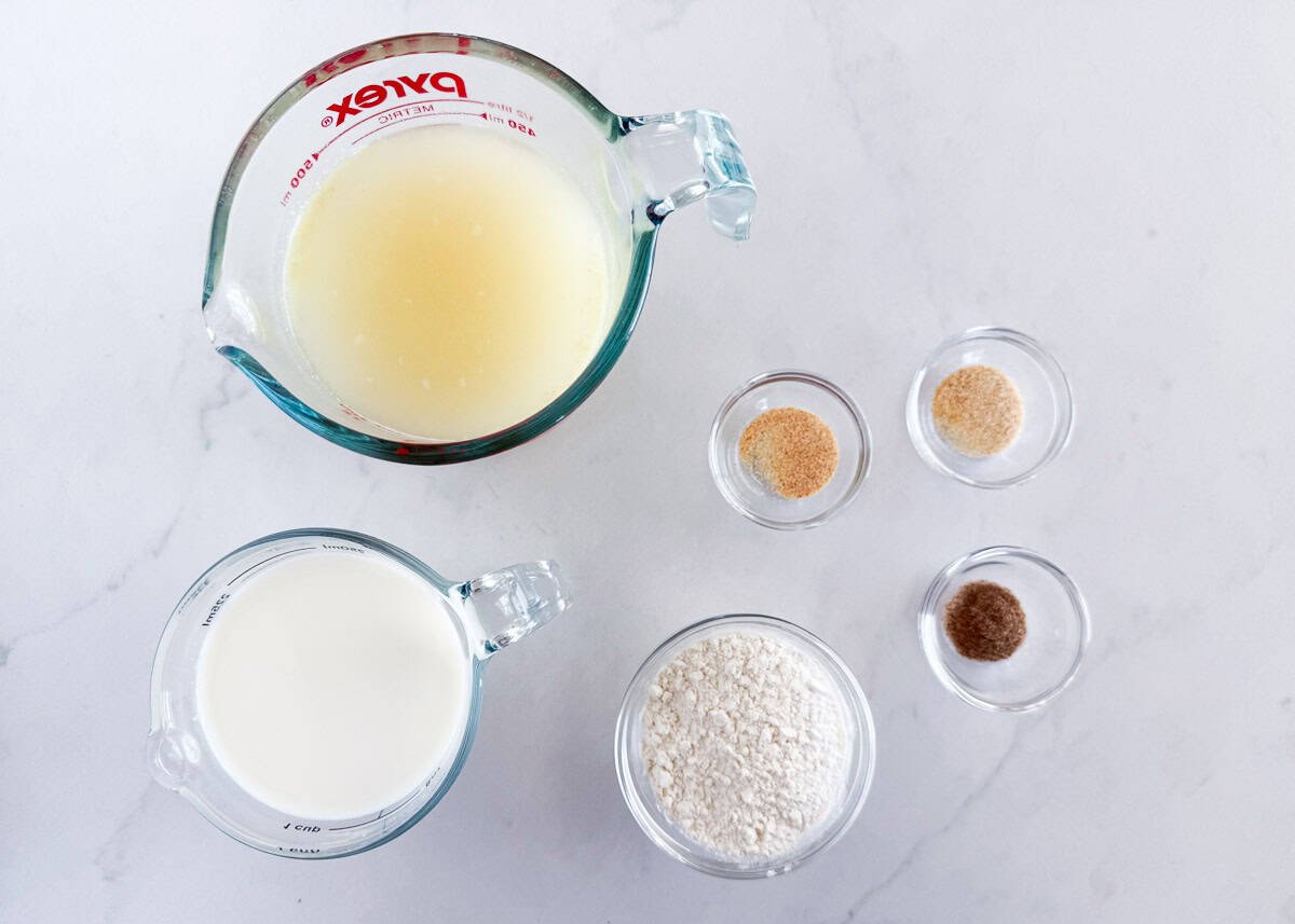 Cream of chicken soup ingredients including chicken broth, seasonings, flour and milk.