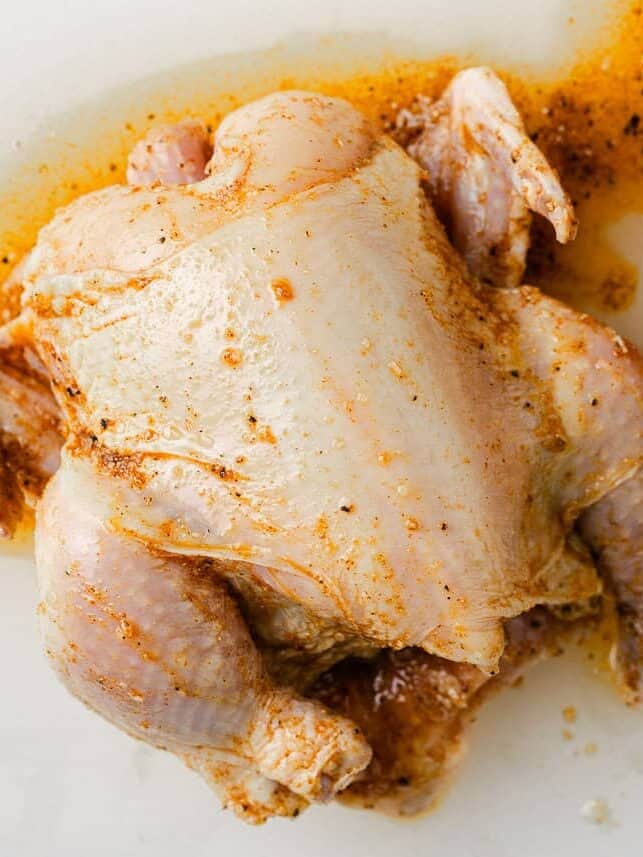 Seasoned cornish game hens marinated and ready for baking.