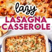 Lasagna casserole in a white baking dish.