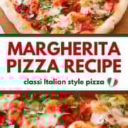 Margherita pizza on a baking peel.