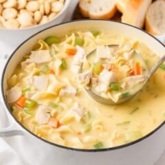 Large pot of creamy chicken noodle soup with a ladle scooping noodles, chicken, carrots, and celery.