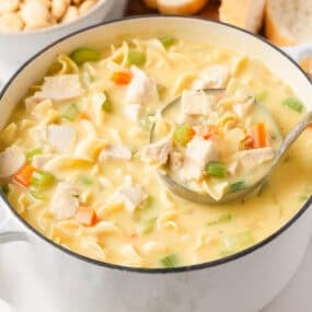 Homemade creamy chicken noodle soup in a white pot, with a ladle full of chicken, egg noodles, and vegetables.