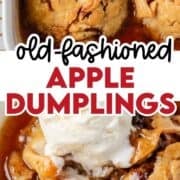 Apple dumplings in a baking dish then served with ice cream.