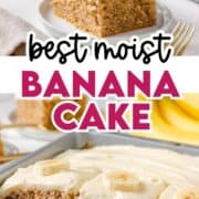 Banana cake sliced on a plate and being served from a pan.