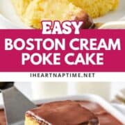 Boston cream poke cake sliced on plate and served from pan.