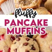 Pancake muffins stacked on each other with one cut in half showing fluffy middle.