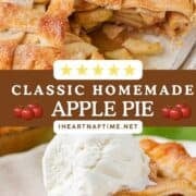 Homemade apple pie in a pie dish and served on a plate.