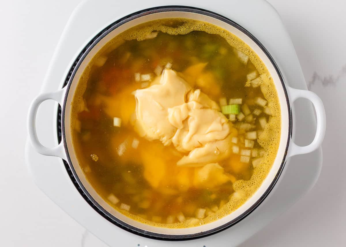 A creamy twist on a classic soup, this easy-to-make creamy chicken noodle soup is exactly what you need when you're curled up under a blanket this winter! Cream of chicken soup added to a pot of broth with carrots, celery, and onions.