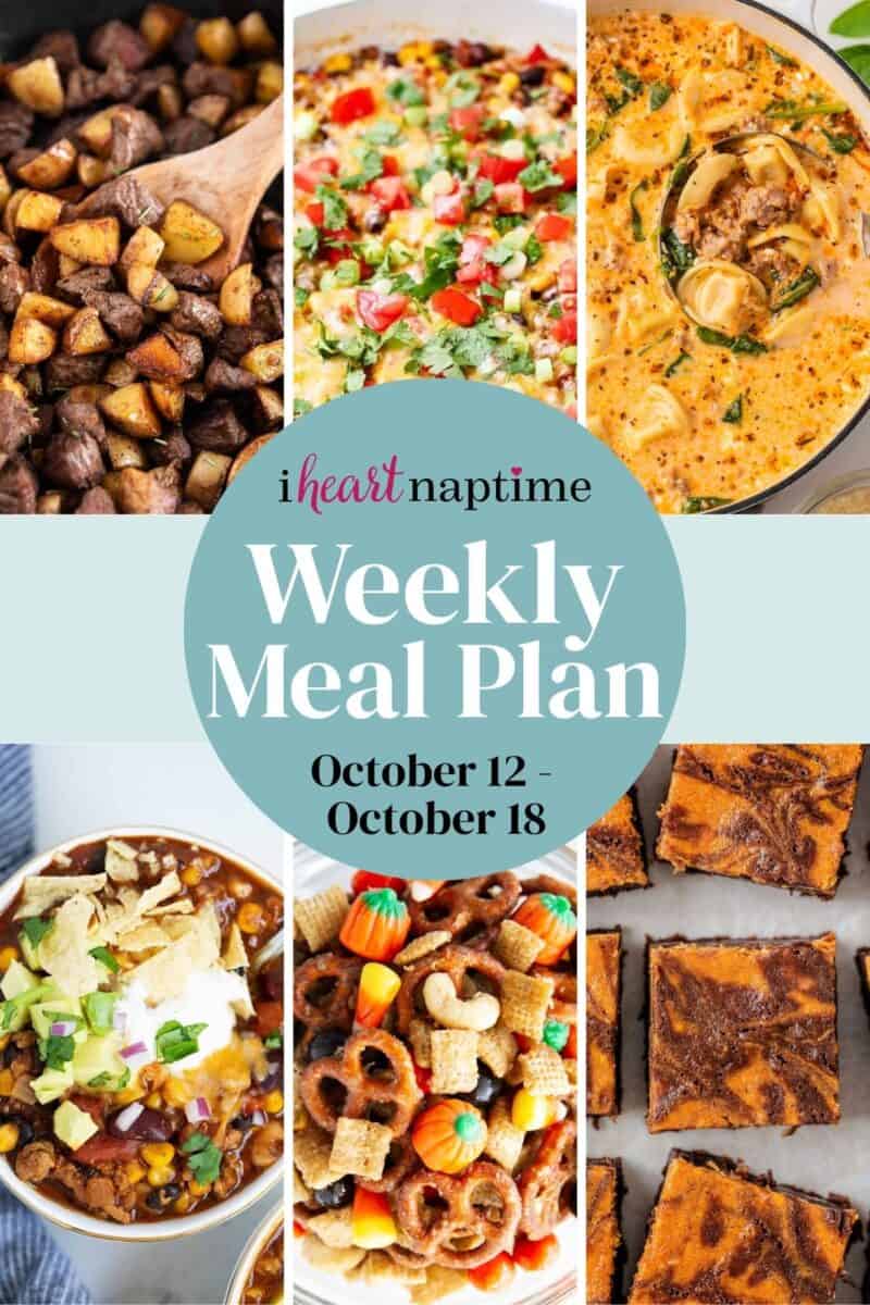 A photo collage of recipes for I Heart Naptime weekly meal plan.