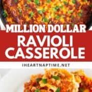 Million dollar ravioli casserole on a plate and in a skillet.